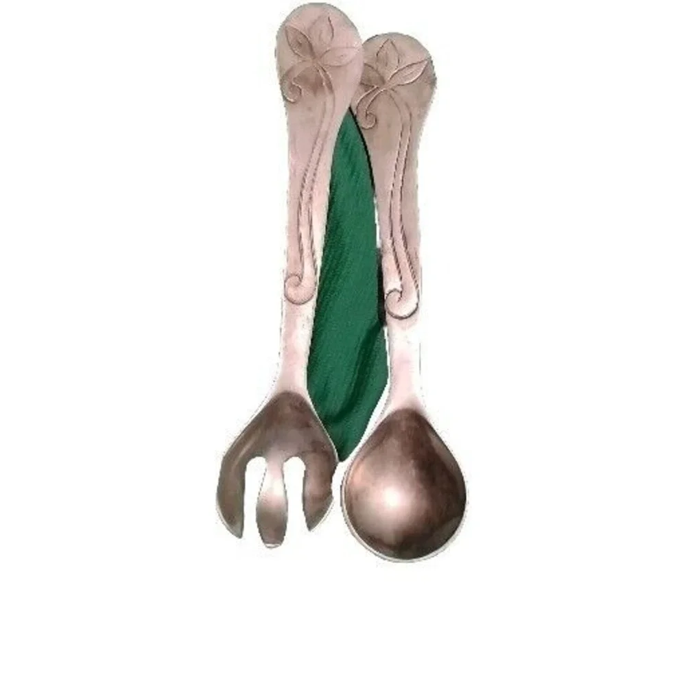Vtg Serving Spoon Fork Handcast Metal Salad fforal design 11